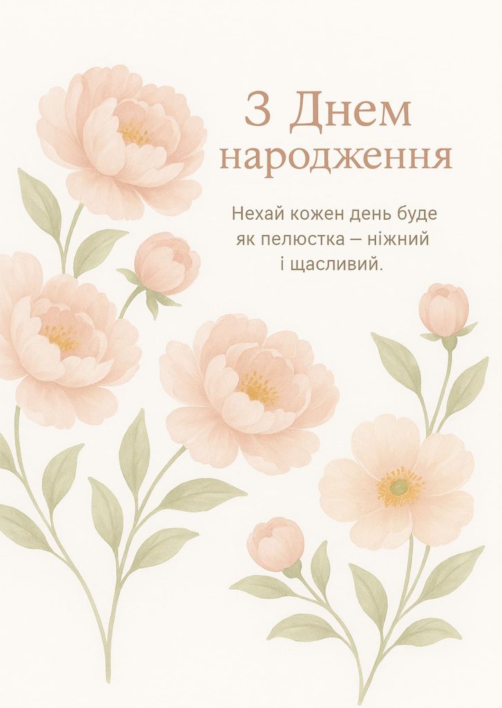 сучасна картинка з Днем народження жінці з ніжними півоніями